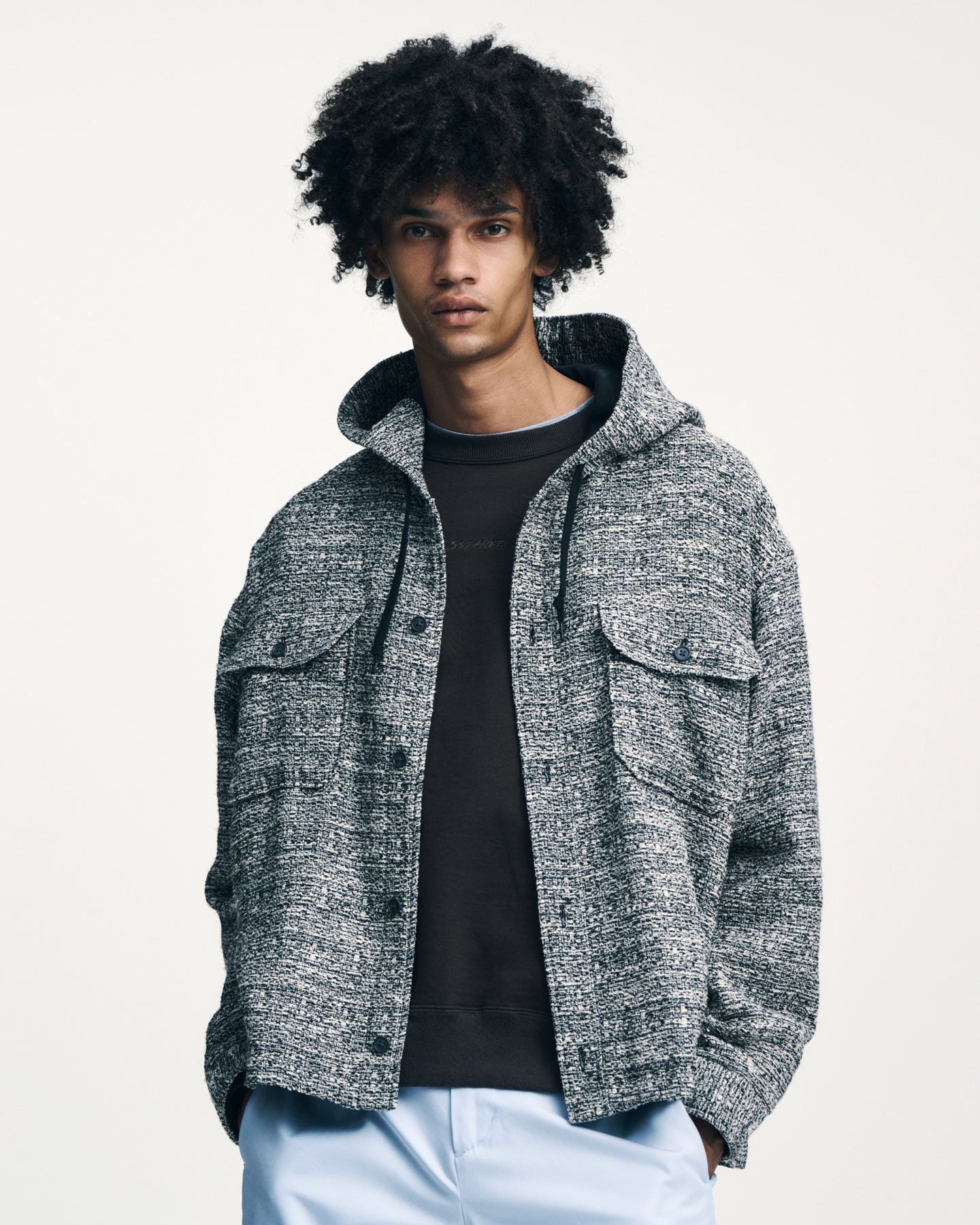 SOPH. | FANCY TWEED HOODED SHIRT(4 (XL) B (BLACK / WHITE)):