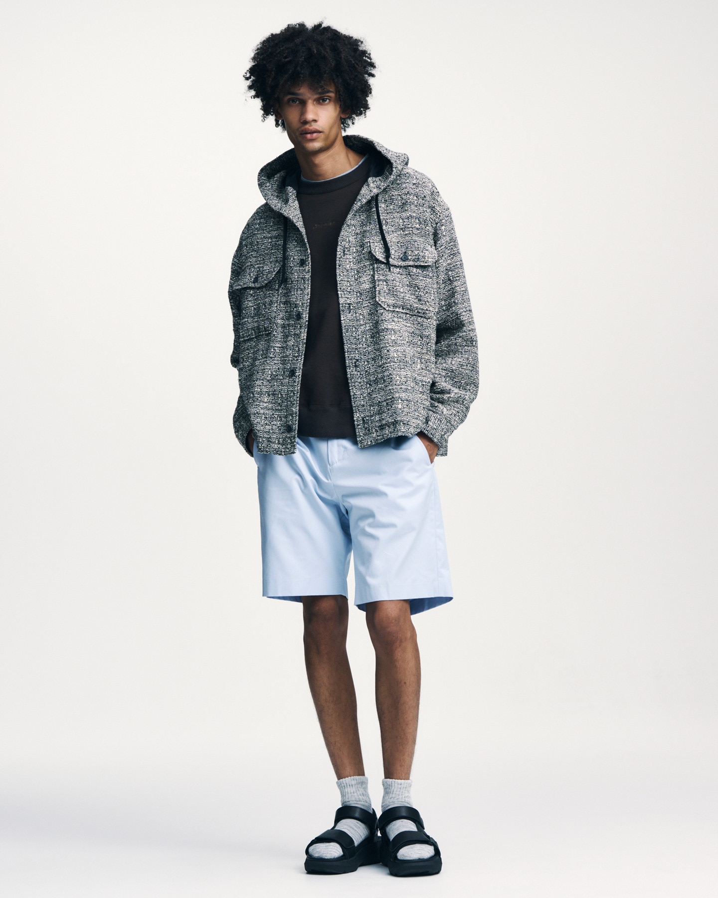 SOPH. | FANCY TWEED HOODED SHIRT(2 (M) A (BLACK / NAVY)):