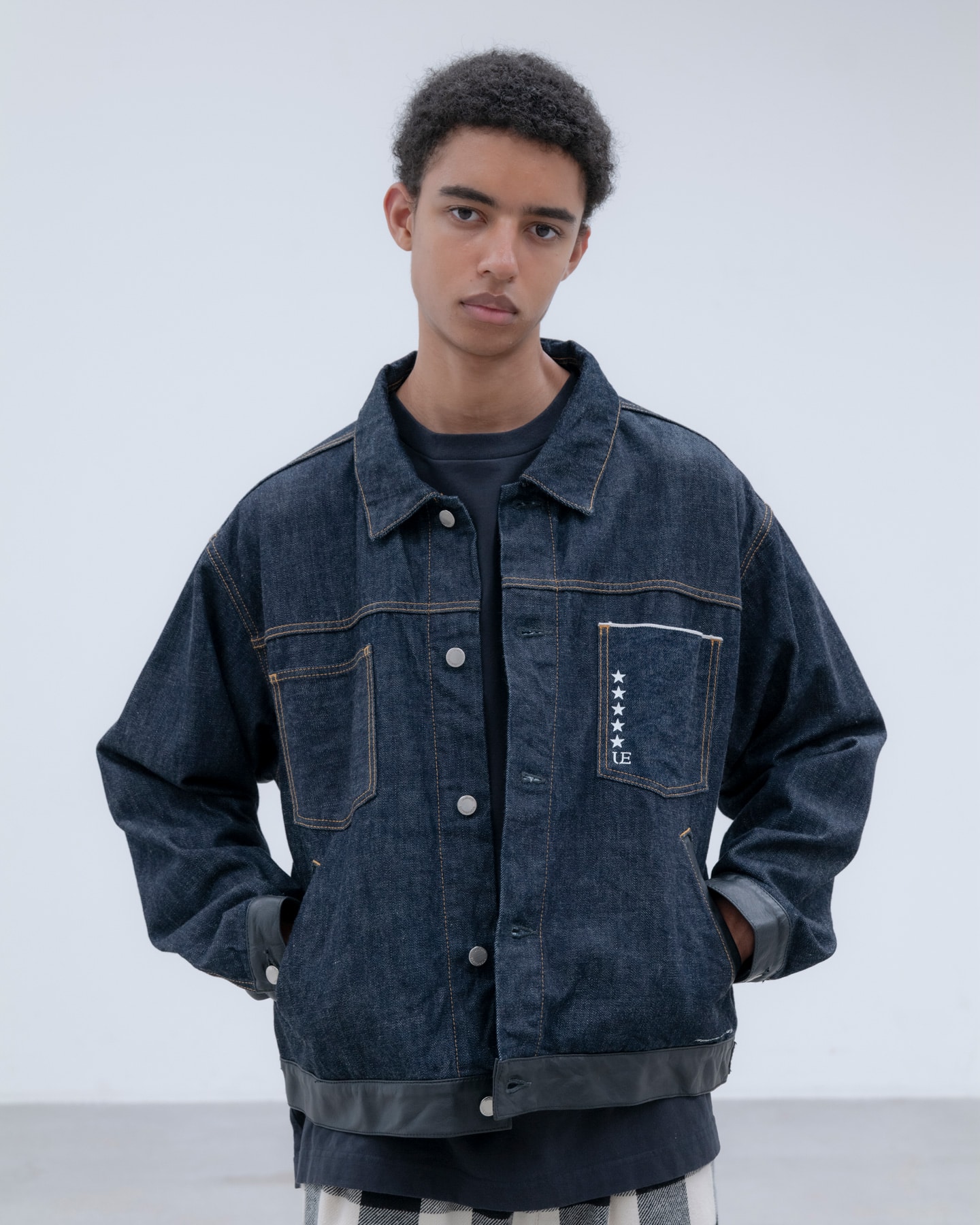 SOPH. | LEATHER ASSEMBLED DENIM TRUCKER JACKET(2 (M) INDIGO):