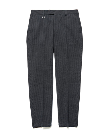 SOPH. | HIGH GAUGE WAVE STRIPE SHIRRING SLIM FIT SLACKS(M NAVY):